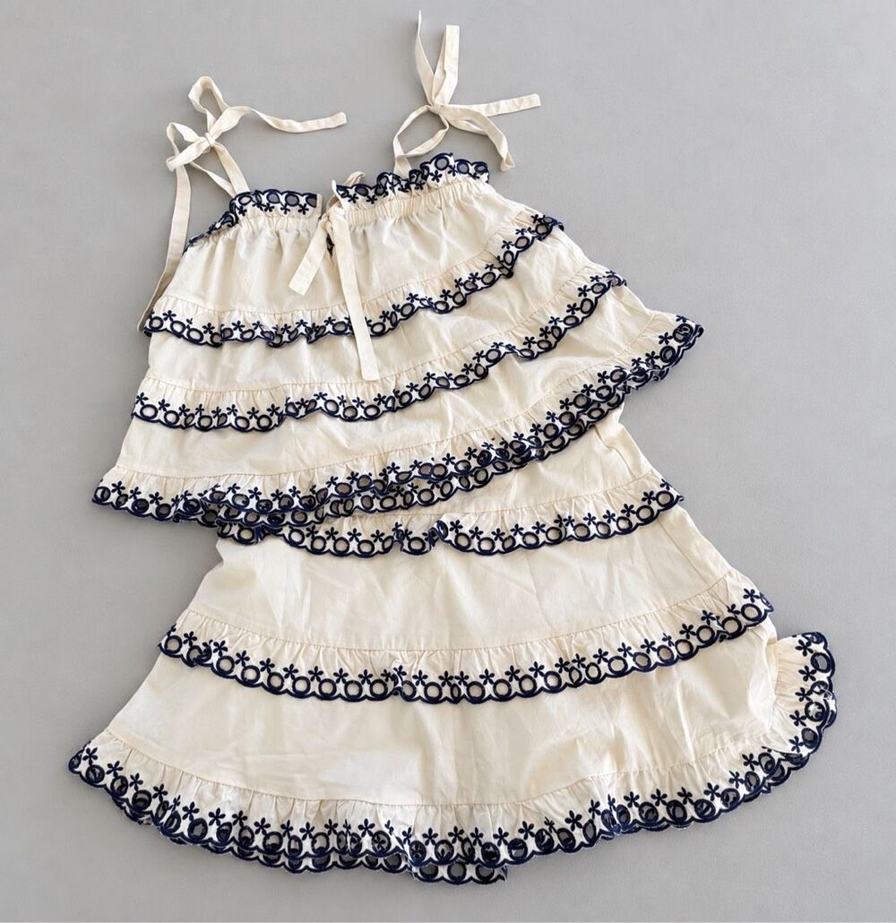 Stella Tiered Embroidered Two Piece Skirt Set Cream Navy Coastal Boho S